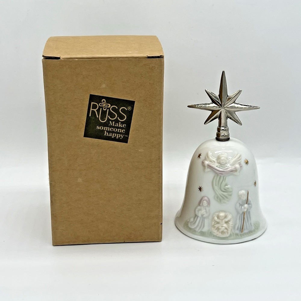 Vtg Russ Porcelain Christmas Bell The Marbella Collection, Angels With The Child